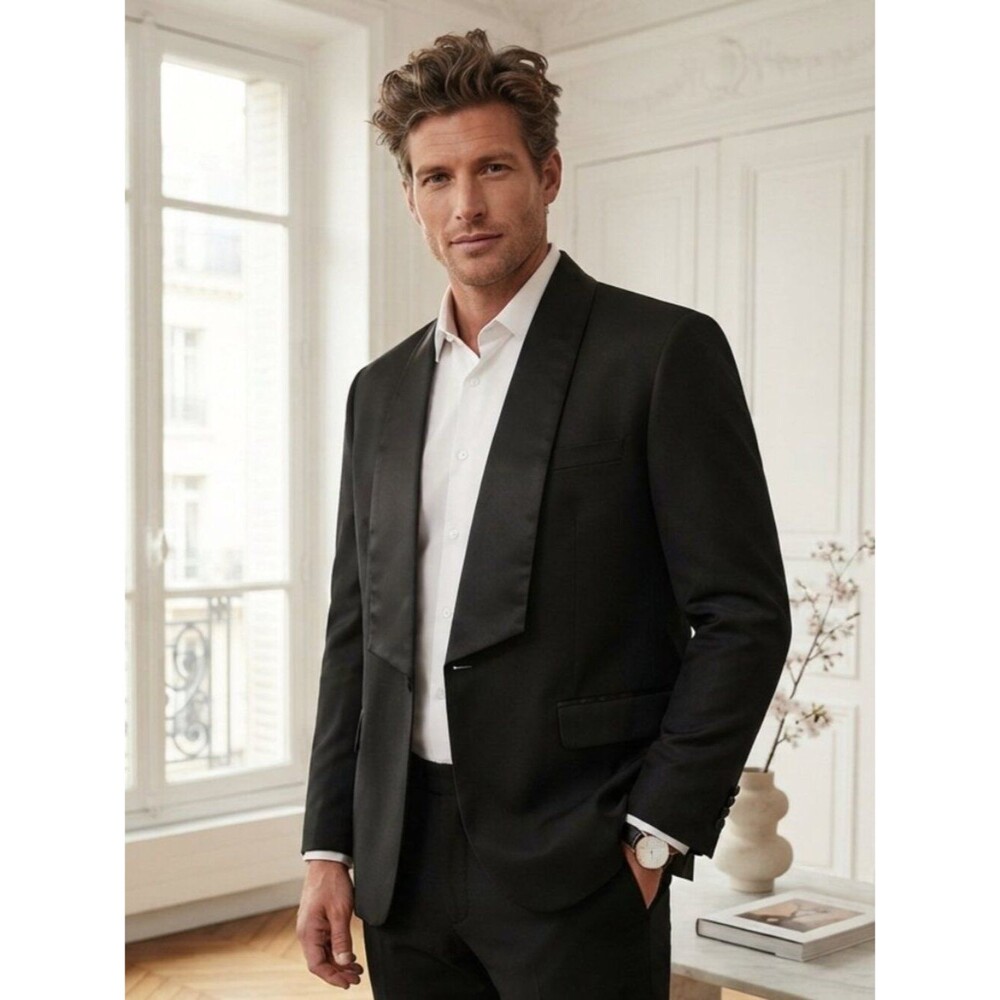 Manfinity Classic Black Satin Lapel Tux Blazer Size 5XL